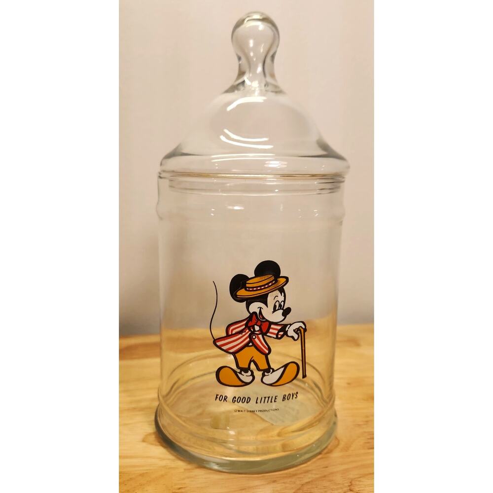 Vintage Walt Disney Mickey Mouse Apothecary Glass Candy Jar with Lid